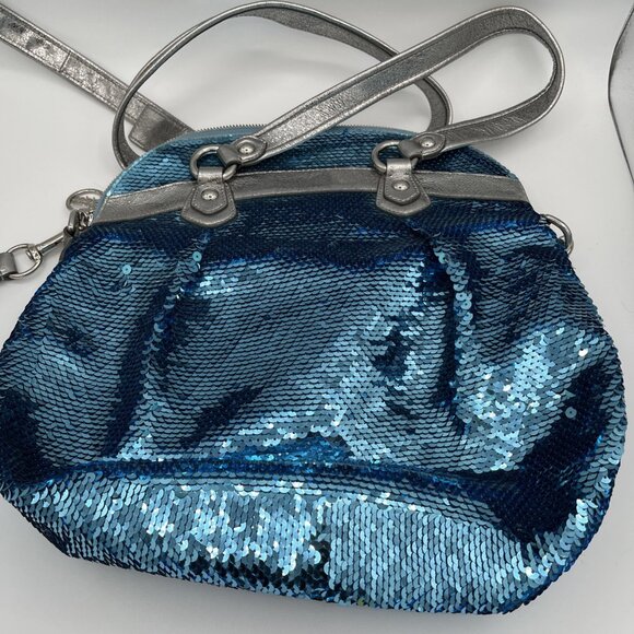 Limited Edition Coach Poppy 16303 Turquoise Sequin Bag w/ Silver Strap - Picture 6 of 16